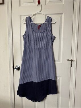 Striped Sleeveless Shift Dress with Navy Hem